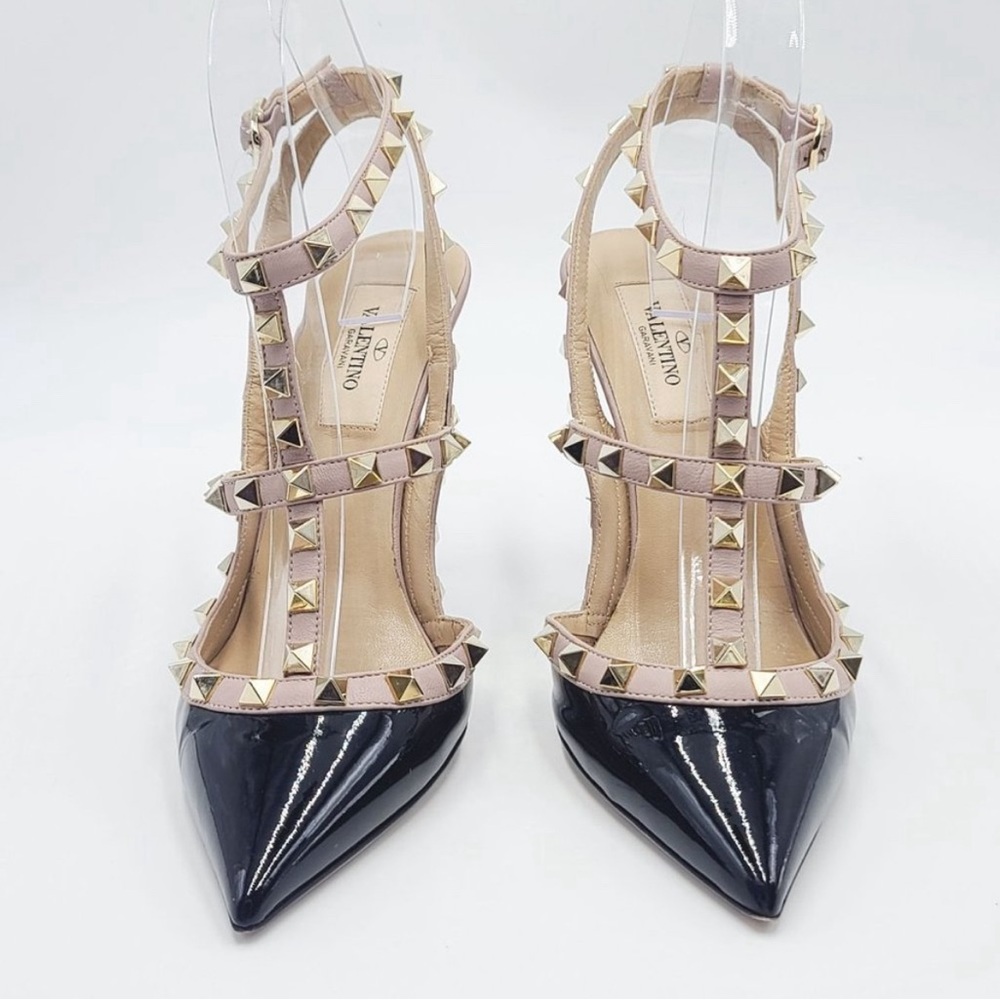 VALENTINO ROCKSTUD ‘100 Pumps’ Gold Studded Slingback Heels Nude/ Black. Sz 37 🔥 - Picture 4 of 10